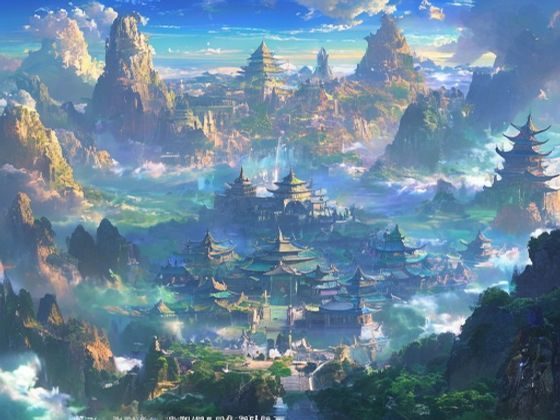 大爱仙尊仙界全景图，九重天宫层叠排列，青绿色云海中隐现无数修炼者身影，宏大世界观震撼人心