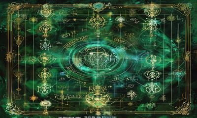 大爱仙尊修炼秘法图解，青绿色符文在空中排列，展示大爱仙力的运转轨迹，专业感十足