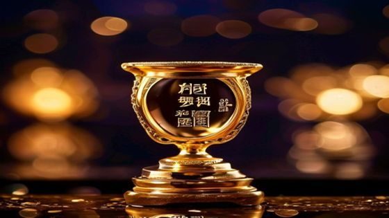 大爱仙尊年度最佳仙侠小说奖杯特写，金色奖杯上刻有大爱仙尊字样，背景为颁奖典礼现场灯光
