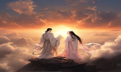 大爱仙尊情缘线深度解读，男女主角在云海之上相对而立，柔和暖光烘托出深情氛围