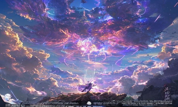 大爱仙尊第三卷天劫证道关键场景，主角身处九重天劫中心，大爱仙力爆发，光芒冲破云霄，画面震撼壮阔